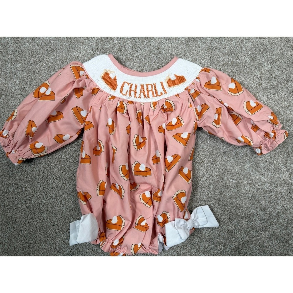 Boutique Customized "Charli" Pumpkin‎ Pie Smocked Bubble Bow Romper 3 months